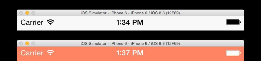 Two iOS 8 simulator status bars: dark text on white, then white text on an orange background.
